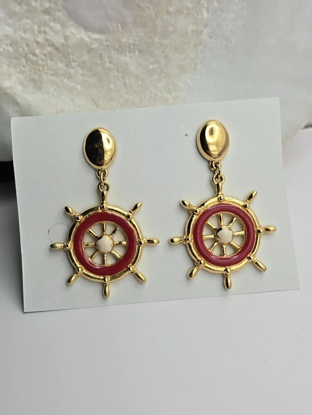 Avon Gold & Red Nautical Ship Wheel Earrings Vintage Style